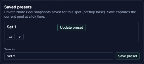 Set section with Set 1, Update preset, Save as Set 2, and Set button